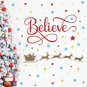 Christmas wall decal set with red Believe lettering, reindeer sleigh and festive snowflakes