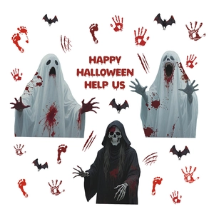 Halloween window stickers set featuring ghosts, grim reaper, bats, and bloody handprints