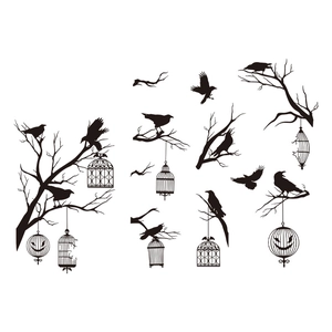 Gothic Halloween window decals featuring black crows, dry branches, and birdcage silhouettes