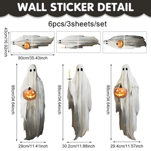 Detailed dimensions of Halloween white ghost window clings with pumpkins for party decor