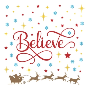 Christmas window sticker with red Believe text and reindeer sleigh silhouette decor