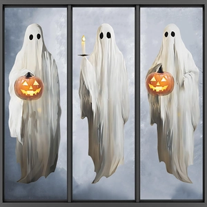 Halloween ghost window clings set with glowing pumpkin lanterns on dark foggy background