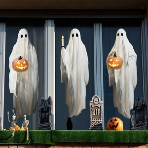 Halloween white ghost window clings with pumpkin lanterns and spooky festive decorations