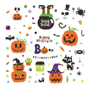 Cartoon Halloween stickers featuring pumpkins, ghosts and black cats for party decor