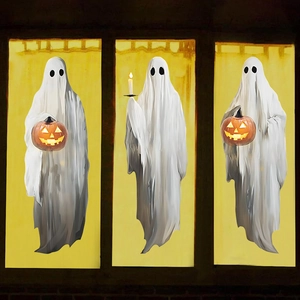 White ghost window stickers with pumpkin and candles for Halloween party window decoration