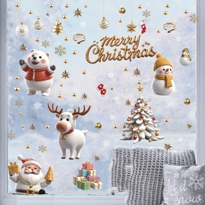Weihnachtsfensterbilder mit 3D-Cartoon-Weihnachtsmann, Rentier und Schneeflocken Deko