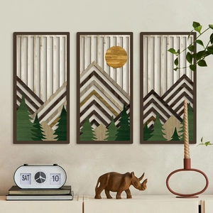 Décoration murale bohème en bois en trois pièces avec paysages de montagnes et de forêts