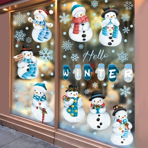 Christmas window stickers with white snowman, blue snowflakes and winter glove patterns