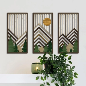 Lot De 3 Décorations Murales En Bois Bohème Montagne Et Forêt Bois De Peuplier Découpe Laser Paysage Soleil Pour Salon