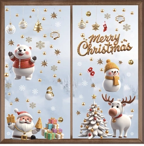 Detailansicht der 3D-Weihnachtsfensteraufkleber mit Weihnachtsmann, Rentier und Schneemann