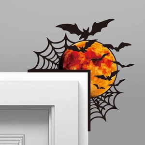 Διακόσμηση πόρτας Halloween σε σχήμα L με μαύρες νυχτερίδες ιστό αράχνης και κόκκινο φεγγάρι