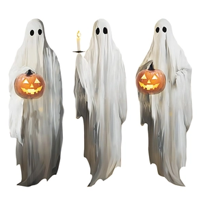 Set of three white Halloween ghost decorations with glowing jack-o-lantern pumpkins