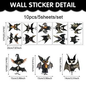 Detailed size specifications for Halloween bat wall stickers with dimensions in cm and inches