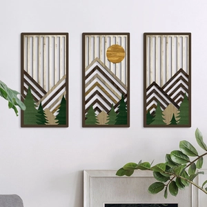 Lot de 3 décorations murales géométriques en bois avec montagnes et forêt en 3D