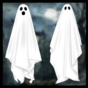 Two hanging white Halloween ghost decorations made of light fabric for spooky party decor