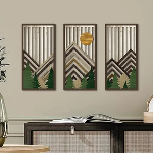 Lot de 3 décorations murales bohèmes en bois avec paysages de montagnes et forêts