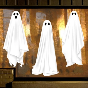 Three white hanging ghost decorations for Halloween party scenes with black facial features