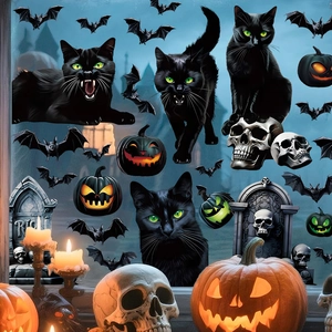 Halloween window stickers featuring black cats, pumpkins, bats, and spooky RIP tombstones