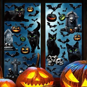 Halloween window decals featuring black cats, pumpkins and bats stickers for home party