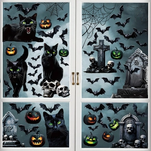 Halloween Black Cat Window Stickers PVC Static Cling Pumpkin Bat Tombstone Decals For Home Party Glass Decoration