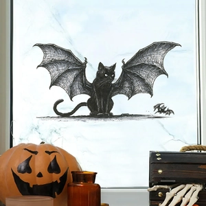 Gothic Halloween window stickers featuring black cat with bat wings and pumpkin decor