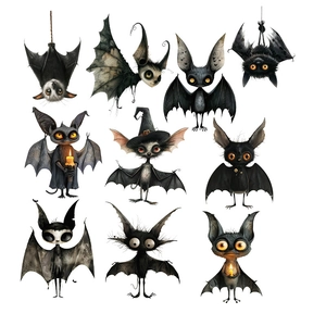 Set of 10 cartoon Halloween bat wall stickers with cute spooky designs on white background