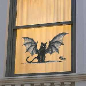 Halloween Static Window Cling Sticker Gothic Black Cat With Bat Wings PVC Decal For Window Fridge Glass Party Decoration
