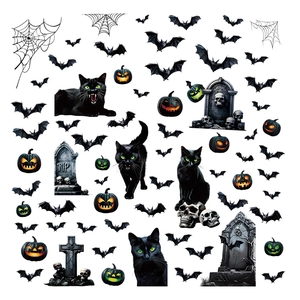 Halloween window decals featuring black cats, pumpkins, bats and tombstones stickers set