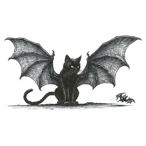Halloween black cat with bat wings window sticker in hand-drawn sketch style art