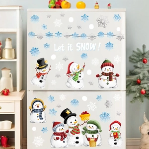 Christmas snowman window stickers and blue snowflakes with 'Let it SNOW' art font