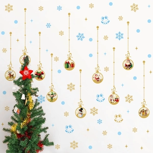Christmas window stickers set with golden snowflake and hanging ball festive designs