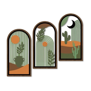 Lot de 3 décorations murales bohèmes en bois avec paysages découpés en couches