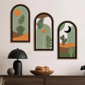 Lot de 3 décorations murales bohèmes en bois avec motifs soleil et botaniques
