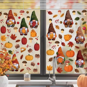 Autumn window decals featuring cartoon gnomes, maple leaves, and pumpkins for home decor