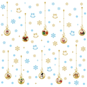 Christmas window stickers with gold and blue snowflakes, reindeer, and Santa patterns