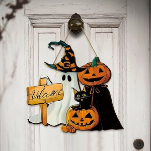 Cartel de Puerta de Madera de Halloween Fantasma Calabaza Bienvenida Placa Colgante Para Decoración de Pared de Sala Adorno Hogar