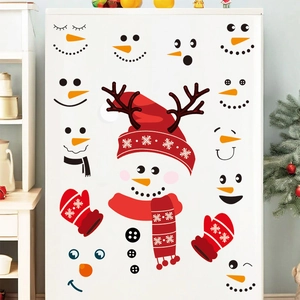 Funny Christmas snowman face decals and red Santa hat stickers on white refrigerator