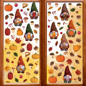 Autumn Window Clings Gnomes Pumpkin Maple Leaf Thanksgiving Static Stickers For Kids Room Glass Decoration Home Shop Ornaments