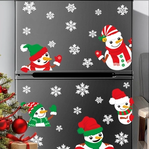 Christmas snowman window stickers set with white snowflakes on dark background