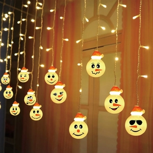 Detail of LED snowman curtain lights with warm white beads and festive hats