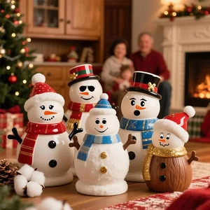 Set of five unique ceramic snowman figurines with Christmas hats and scarves in a cozy room