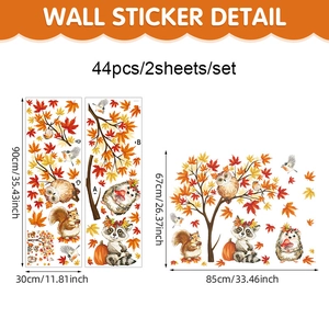 Detail view of 44pcs autumn animal wall stickers with maple leaves and squirrels