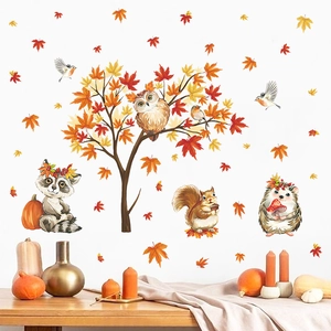 Fall maple leaves and forest animal wall decals for kids room Thanksgiving decoration
