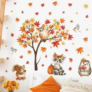 Autumn Forest Animals Maple Leaf Wall Stickers Thanksgiving PVC Self Adhesive Decal For Kids Room Window Decoration