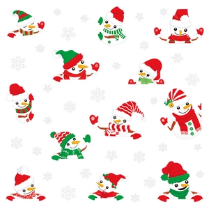 Cartoon snowman Christmas window stickers with festive red and green holiday patterns