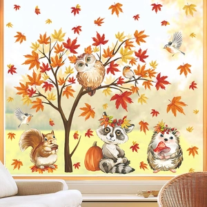 Autumn woodland animal wall stickers with maple leaves and pumpkins for kids room