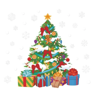 Weihnachtsbaum Fensteraufkleber mit bunten Geschenkboxen und festlicher Dekoration