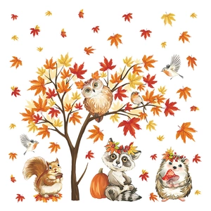 Autumn forest wall stickers set with cartoon animals, maple leaves, and pumpkins for kids room