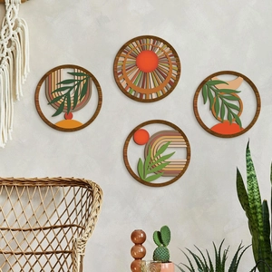 Set of 4 round wooden boho wall art decor with geometric leaves for living room