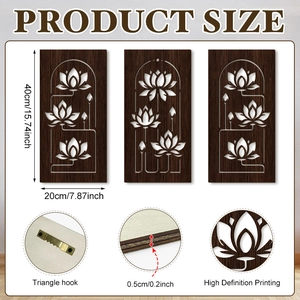 Detailed size guide of three lotus hollow wood wall art panels with 40x20cm dimensions